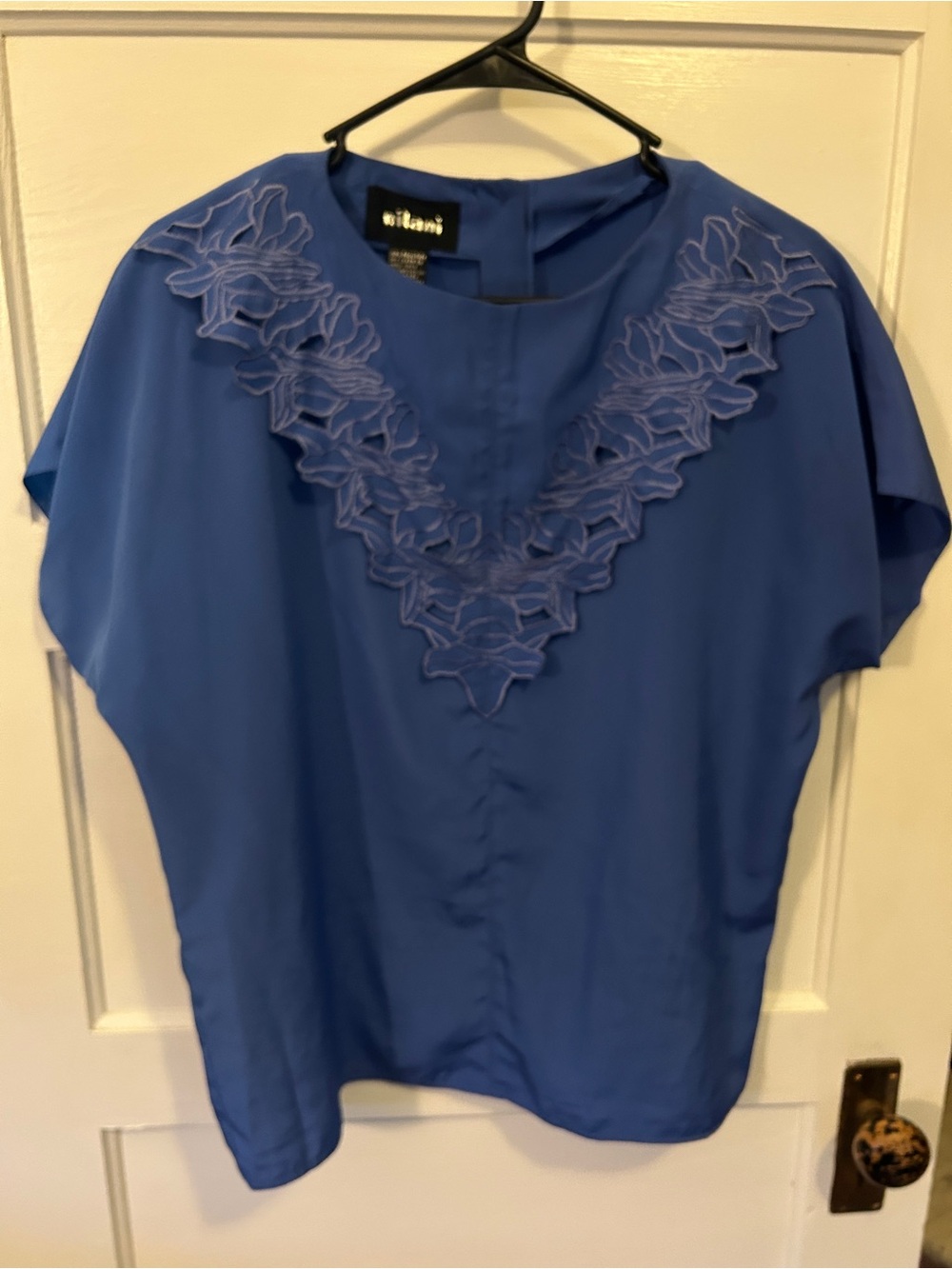 Women's Blue/Purple Floral Appliqué Vintage Short-Sleeve Blouse
